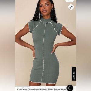 Lulu's Olive Green Ribbed Mock Neck Short Sleeve Dress with White Trim